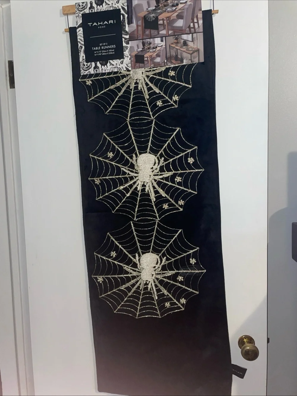 Tahari Table Runners HALLOWEEN Black 16 X 90 & Gold Spider Webs 14” X 72” NIP